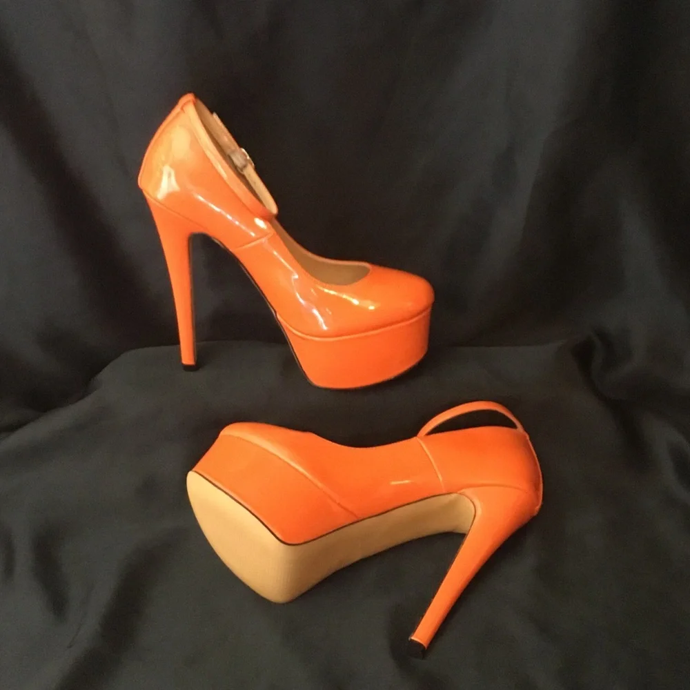 High Gloss Orange Platform Ankle-Strap Pumps for Women